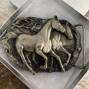 Vintage Wild Horses Bergamot Brass Works Belt Buckle 1983